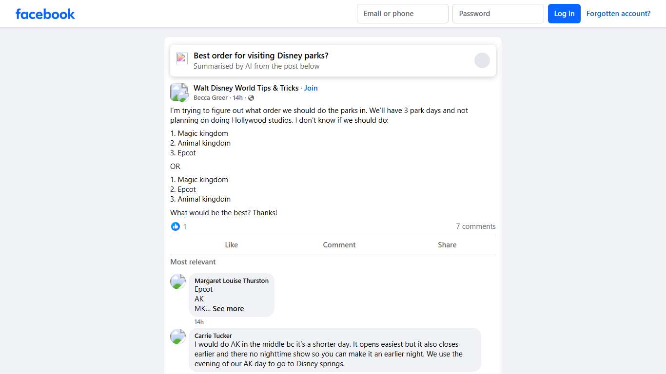 Walt Disney World Tips & Tricks I’m trying to figure out what order we should do the parks in Facebook